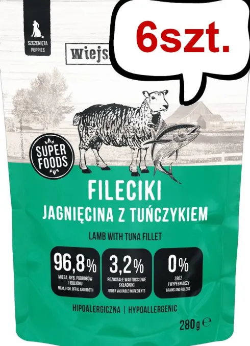 Wiejska Zagroda Puppy Fileciki Jagnięcina z tuńczykiem Mokra Karma dla szczeniąt op. 280g Pakiet 6szt.