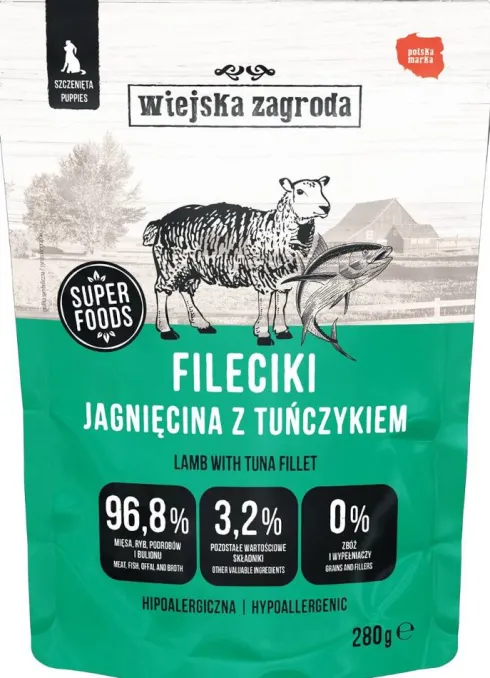 Wiejska Zagroda Puppy Fileciki Jagnięcina z tuńczykiem Mokra Karma dla szczeniąt op. 280g Pakiet 6szt.