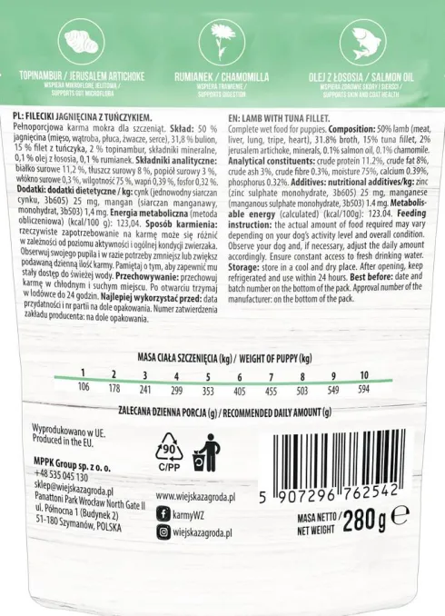 Wiejska Zagroda Puppy Fileciki Jagnięcina z tuńczykiem Mokra Karma dla szczeniąt op. 280g Pakiet 6szt.