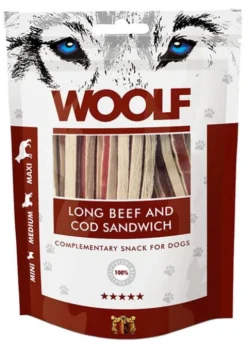 Woolf Przysmak Long Beef and Cod Sandwich dla psa op. 100g